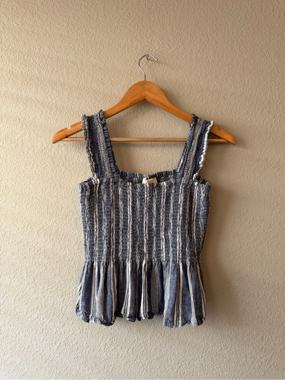 Anthropologie Maeve Striped Blue Smocked Peplum Tank Top